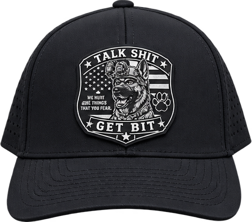 Talk Shit Get Bit black snapback hat with K9 patch