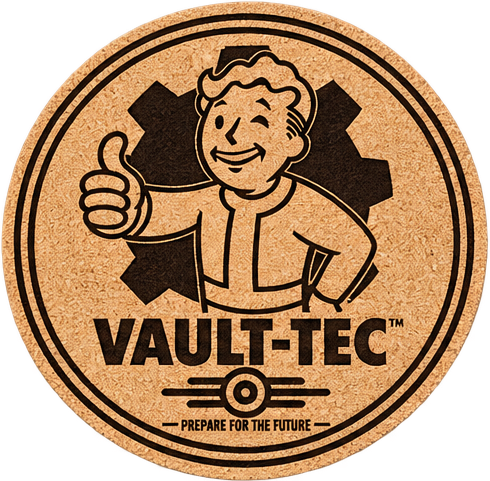 Vault-Tec cork coaster with Vault Boy thumbs up design